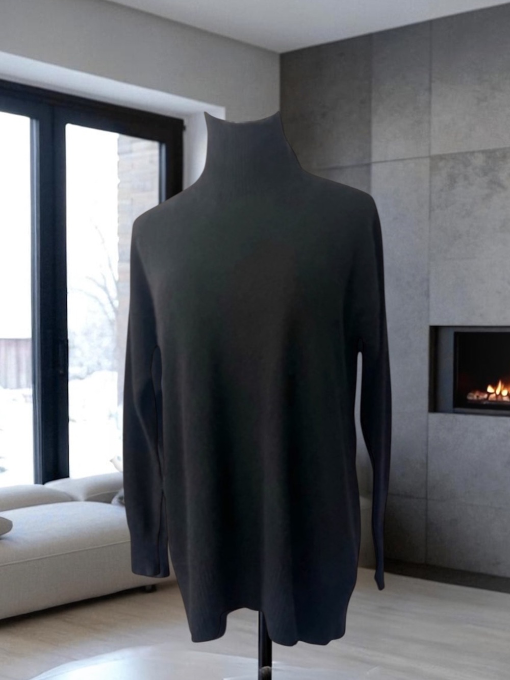 WHITE + WARREN BLACK 100% CASHMERE OVERSIZED TURTLENECK SWEATER
